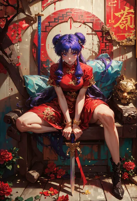 xuer Shampoo,1girl,shampoo \(ranma 1/2\),chinese clothes,purple hair,double bun,hair bun,long hair,purple eyes,red background,hair ornament,flower,solo,holding,hair bell,holding weapon,sidelocks,looking at viewer,short sleeves,holding sword,bangs,rose,sitting,bracelet,full body,eastern dragon,jewelry,breasts,shoes,over shoulder,hair bow,
purple hair,double bun,long hair,(hair bell:1.1),shampoo \(ranma 1/2\),<lora:xuer Shampoo_20240303193333:0.8>,