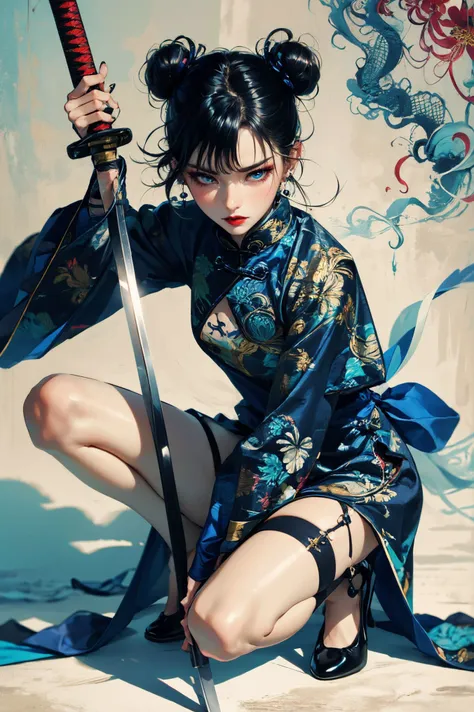 xuer ai yazawa style girl,1girl,solo,black hair,chinese clothes,holding weapon,holding,blue eyes,dress,katana,china dress,squatting,hair bun,thigh strap,looking at viewer,high heels,single hair bun,long sleeves,spider lily,flower,full body,closed mouth,lips,blue dress,sheath,hair ornament,side slit,black footwear,o-ring,fighting stance,jewelry,earrings,
disgust,A mature face,sideways glance,(cold attitude,eyeshadow,eyeliner:0.9),(red lips:1.3),watery eyes,
<lora:~Q?-kfX\YsV2 xuer ai yazawa style girl:0.8>,