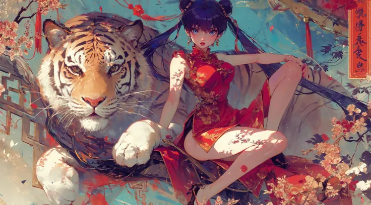 xuer Shampoo,1girl,tiger,chinese clothes,double bun,twintails,long hair,hair bun,jewelry,solo,red dress,earrings,looking at viewer,sitting,breasts,very long hair,black hair,blue eyes,bangs,sleeveless,animal,year of the tiger,knee up,open mouth,medium breasts,bare legs,high heels,
purple hair,double bun,long hair,(hair bell:1.1),shampoo \(ranma 1/2\),<lora:~Q?-st xuer Shampoo:0.8>,