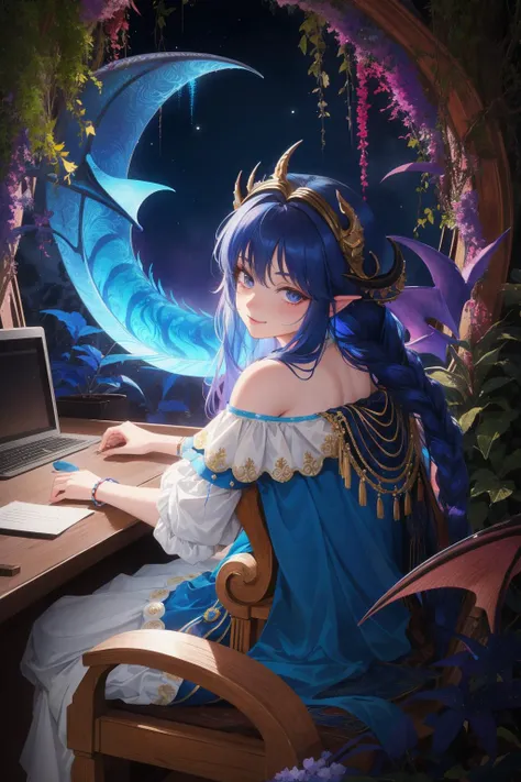 1girl, (dark art designed by Emila MedkovÃ¡:0.7) and (Harry Watrous:1.0) and (Tove Jansson:1.3) , vibrant Vector Art, intricate background, Long exposure of a Mythical 1700'S flyweight all-american (Male [Dragonkin|The Nautilus]:1.3) , he is Paper skin, he has a very smug smile, The Nautilus is Writing, intricate details, in a very Engrossing Blue Mayan Cork Feather Cloak from the 1750's, his hair is Skillful and styled as Braided half-up half-down, he has a Visual Bosnian deep red Dashed Eyes, Scars, from inside of a Ghostly University, lush jungle and flora, Snowy, tilt shift, Magic Realism, Satisfying, Astropunk, Moonlight, F/2.8, CMYK Colors, Orton effect, Concept artist, detailed face, natural skin tones, most beautiful artwork in the world, ultra high res