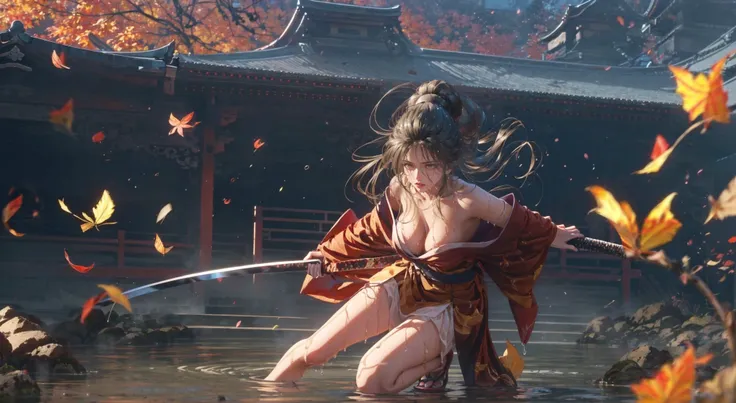 (dramatic, gritty, intense:1.4),masterpiece, best quality, 8k, insane details, intricate details, hyperdetailed, hyper quality, high detail, ultra detailed,
best quality,pixiv, emma,Black hair, brown eyes, kimono, medium breast,show cleavage,upper body, standing in water,Japanese courtyard, yellow leaves, autumn, pond, stone, dry landscape,koi,
gemstone, gold leaf, A mature facesideways glance, (cold attitude,eyeshadow,eyeliner,red lips:1.1),
drawing a Long, super long katana,holding one Long, super long katana,
<lora:emma_20230706225121:0.9> ObKnegative_hand Negative Embedding _negative_hand