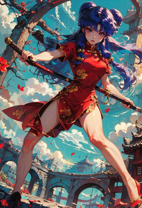 xuer Shampoo,1girl,shampoo \(ranma 1/2\),solo,chinese clothes,purple hair,double bun,hair bun,long hair,holding,hair ornament,hair bell,looking at viewer,holding weapon,bangs,red eyes,short sleeves,red dress,sidelocks,holding sword,breasts,side slit,purple eyes,
purple hair,double bun,long hair,(hair bell:1.1),shampoo \(ranma 1/2\),<lora:xuer Shampoo_20240303193333:0.8>,