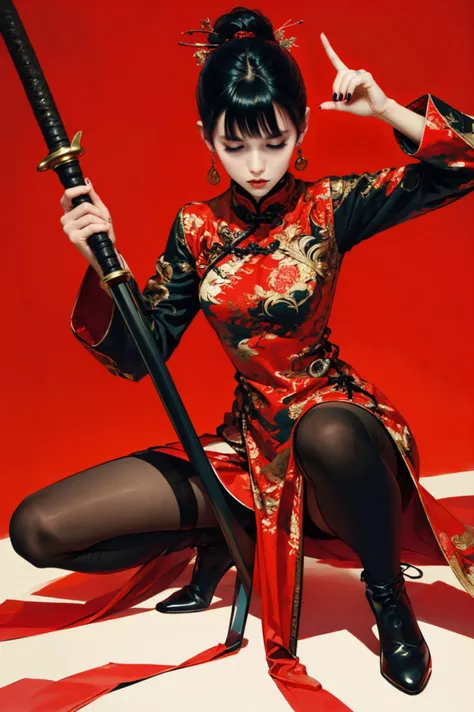 ultra high resolution,((masterpiece))),(((best quality))),((super detailed)),((extremely delicate and beautiful)),
xuer ai yazawa style girl,1girl,solo,long hair,black hair,high heels,one knee,holding,flower,holding weapon,jewelry,earrings,chinese clothes,pantyhose,long sleeves,red theme,black pantyhose,dress,makeup,red dress,full body,closed eyes,closed mouth,red background,high heel boots,black footwear,eastern dragon,
(disgust:1.3),
<lora:~Q?-kfX\YsV2 xuer ai yazawa style girl:0.8>,