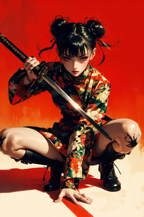 ultra high resolution,((masterpiece))),(((best quality))),((super detailed)),((extremely delicate and beautiful)),
xuer ai yazawa style girl,1girl,solo,black hair,holding,holding weapon,double bun,jewelry,hair bun,looking at viewer,earrings,red background,bangs,red lips,katana,long sleeves,chinese clothes,squatting,brown eyes,one knee,dress,makeup,floral print,sheath,boots,blunt bangs,socks,ribbon,black footwear,red dress,bracelet,facial mark,
disgust,
<lora:~Q?-kfX\YsV2 xuer ai yazawa style girl:0.8>,