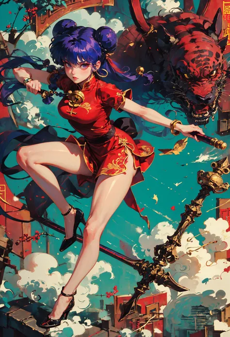 xuer Shampoo,1girl,shampoo \(ranma 1/2\),chinese clothes,solo,double bun,purple hair,long hair,hair bun,fighting stance,hair ornament,black footwear,breasts,hair bell,polearm,full body,bangs,high heels,holding,purple eyes,red dress,short sleeves,bare legs,sidelocks,holding weapon,looking at viewer,short dress,makeup,red background,jewelry,bracelet,closed mouth,eastern dragon,legs,thighs,lips,flats,
purple hair,double bun,long hair,(hair bell:1.1),shampoo \(ranma 1/2\),<lora:xuer Shampoo_20240303193333:0.8>,