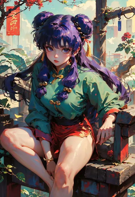 xuer Shampoo,1girl,shampoo \(ranma 1/2\),purple hair,solo,long hair,double bun,sitting,hair bun,looking at viewer,hair bell,chinese clothes,purple eyes,hair ornament,bangs,barefoot,sidelocks,closed mouth,
purple hair,double bun,long hair,(hair bell:1.1),shampoo \(ranma 1/2\),<lora:xuer Shampoo_20240303193333:0.8>,