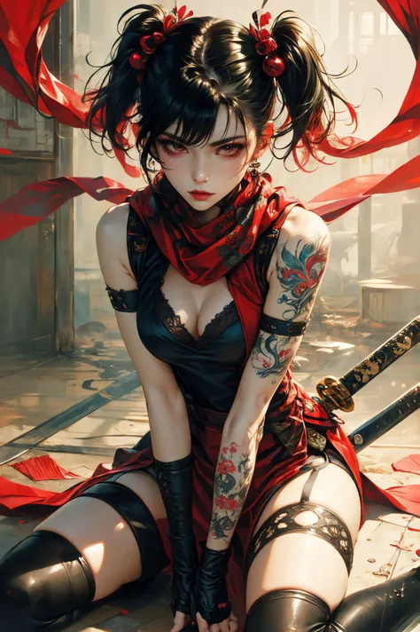 ultra high resolution,((masterpiece))),(((best quality))),((super detailed)),((extremely delicate and beautiful)),
xuer ai yazawa style girl,1girl,solo,black hair,twintails,thighhighs,thigh strap,scarf,red eyes,katana,tattoo,looking at viewer,gloves,sheathed,fingerless gloves,sheath,multicolored hair,ninja,sitting,breasts,red scarf,arm tattoo,makeup,hair ornament,black nails,between legs,
(disgust:1.3),
<lora:~Q?-kfX\YsV2 xuer ai yazawa style girl:0.8>,