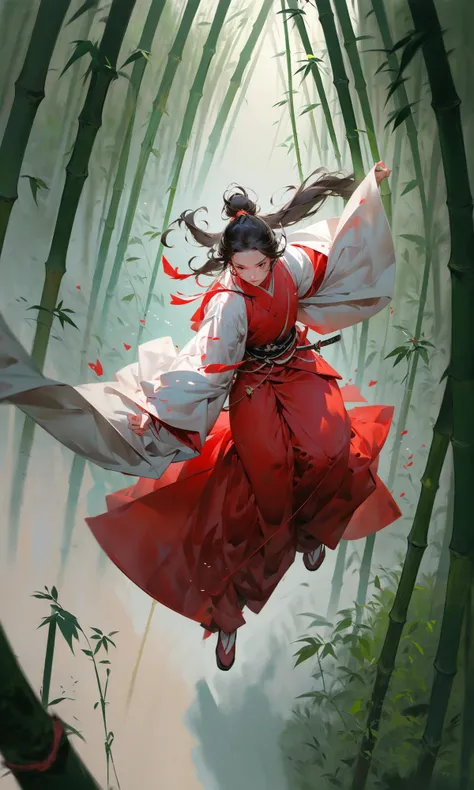 To shoot from above.,art by Zao Wou-ki,extreme close - up,focus on face,A woman in red Hanfu,wearing a white transparent veil Chinese swordsman floats over the bamboo forest and stretches his body,solo,gopro photography,enemy falling to the ground,ancient Chinese bamboo forest in the background,concept art,
QingKung,1girl,( super vista, super wide Angle:1.6),
<lora:ç»ªå¿-è½»å Qing Kung:0.8>,