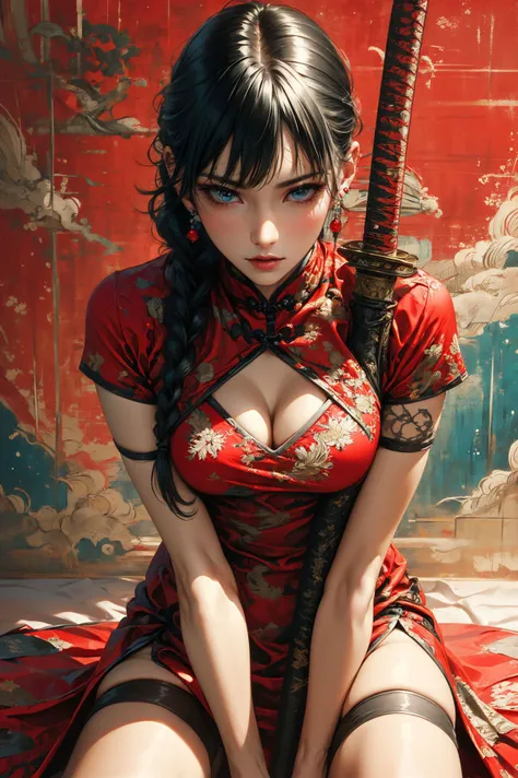 ultra high resolution,((masterpiece))),(((best quality))),((super detailed)),((extremely delicate and beautiful)),
xuer ai yazawa style girl,1girl,solo,breasts,dress,chinese clothes,black hair,braid,looking at viewer,china dress,cleavage cutout,red dress,sitting,clothing cutout,long hair,sheathed,katana,between legs,short sleeves,earrings,closed mouth,bangs,sheath,medium breasts,cleavage,hair over shoulder,jewelry,lips,weapon on back,short dress,print dress,hand between legs,single braid,blue eyes,blue ribbon,
(disgust:1.3),
<lora:~Q?-kfX\YsV2 xuer ai yazawa style girl:0.8>,