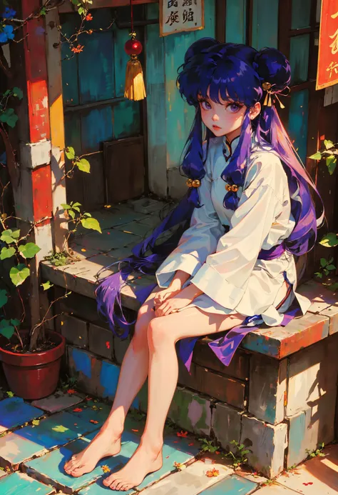 xuer Shampoo,1girl,shampoo \(ranma 1/2\),purple hair,solo,long hair,double bun,sitting,hair bun,looking at viewer,hair bell,chinese clothes,purple eyes,hair ornament,bangs,barefoot,sidelocks,closed mouth,
purple hair,double bun,long hair,(hair bell:1.1),shampoo \(ranma 1/2\),<lora:xuer Shampoo_20240303193333:0.8>,