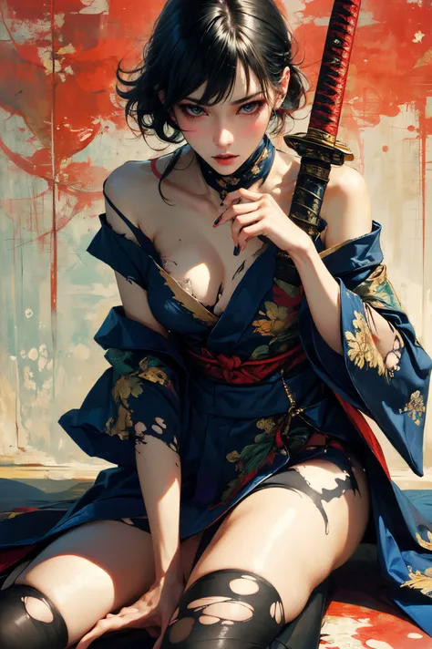 absurdres, RAW photo, extremely delicate and beautiful, masterpiece, Best Quality, ultra high resolution, 32k, hyperrealistic, ultra-detailed, in her 20s, delicate facial features, tearful mole, earring, medium breasts, full body shot, shorter middle hair, black hair, shuimobysim, Japanese kimono, ninja, samurai, sword with blue flames,