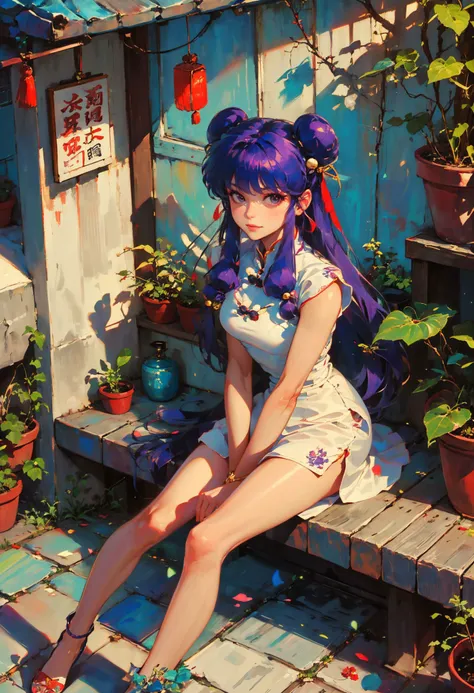 xuer Shampoo,1girl,shampoo \(ranma 1/2\),solo,long hair,hair bun,double bun,sitting,smile,purple eyes,hair ornament,chinese clothes,looking at viewer,plant,hair bell,white dress,closed mouth,sidelocks,bangs,short sleeves,short dress,v arms,hand between legs,purple hair,potted plant,breasts,between legs,bare legs,day,medium breasts,
purple hair,double bun,long hair,(hair bell:1.1),shampoo \(ranma 1/2\),<lora:xuer Shampoo_20240303193333:0.8>,