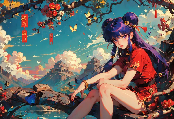 xuer Shampoo,1girl,chinese clothes,long hair,double bun,hair bun,jewelry,red dress,earrings,flower,branch,red flower,sitting,tiger,purple eyes,looking at viewer,bare legs,purple hair,very long hair,animal,shampoo \(ranma 1/2\),solo,hair ornament,breasts,butterfly,smile,short sleeves,medium breasts,knee up,black hair,bangs,year of the tiger,
purple hair,double bun,long hair,(hair bell:1.1),shampoo \(ranma 1/2\),<lora:xuer Shampoo_20240303193333:0.8>,