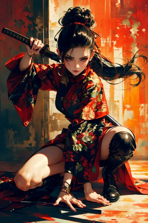 ultra high resolution,((masterpiece))),(((best quality))),((super detailed)),((extremely delicate and beautiful)),
xuer ai yazawa style girl,1girl,solo,black hair,long hair,one knee,boots,holding,katana,holding weapon,wide sleeves,black footwear,jewelry,closed mouth,
disgust,
<lora:~Q?-kfX\YsV2 xuer ai yazawa style girl:0.8>,