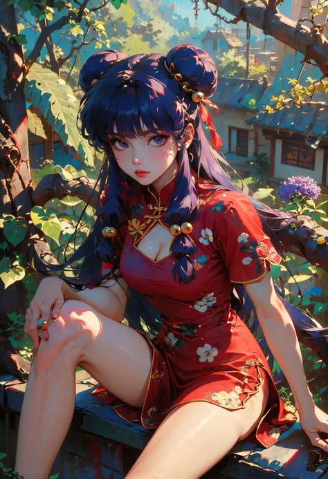 xuer Shampoo,1girl,shampoo \(ranma 1/2\),long hair,double bun,chinese clothes,solo,hair bun,sitting,purple hair,hair ornament,breasts,hair bell,red dress,looking at viewer,short sleeves,tree,bangs,medium breasts,day,side slit,outdoors,cleavage,arm support,clothing cutout,bare legs,branch,sidelocks,closed mouth,lips,ribbon,dappled sunlight,blurry,flower,blunt bangs,realistic,purple eyes,makeup,hair ribbon,floral print,print dress,sky,depth of field,
purple hair,double bun,long hair,(hair bell:1.1),shampoo \(ranma 1/2\),<lora:xuer Shampoo_20240303193333:0.8>,