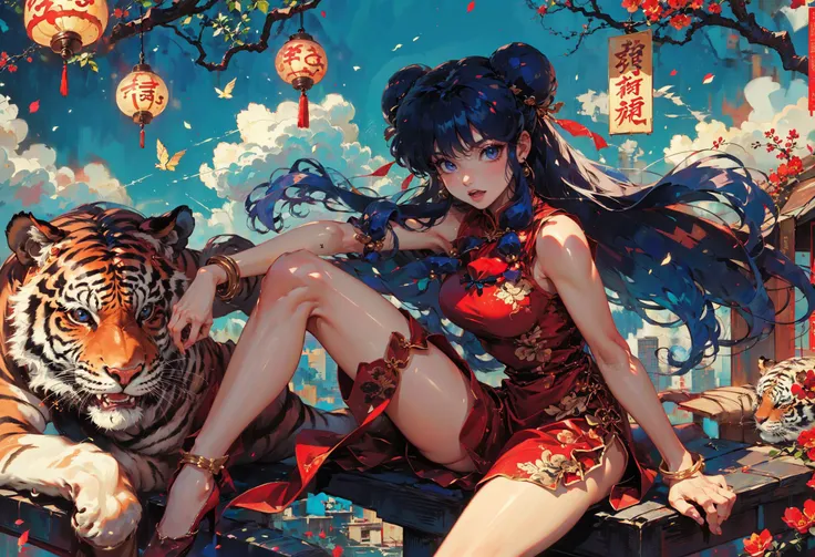 xuer Shampoo,1girl,tiger,chinese clothes,double bun,twintails,long hair,hair bun,jewelry,solo,red dress,earrings,looking at viewer,sitting,breasts,very long hair,black hair,blue eyes,bangs,sleeveless,animal,year of the tiger,knee up,open mouth,medium breasts,bare legs,high heels,
purple hair,double bun,long hair,(hair bell:1.1),shampoo \(ranma 1/2\),<lora:xuer Shampoo_20240303193333:0.8>,