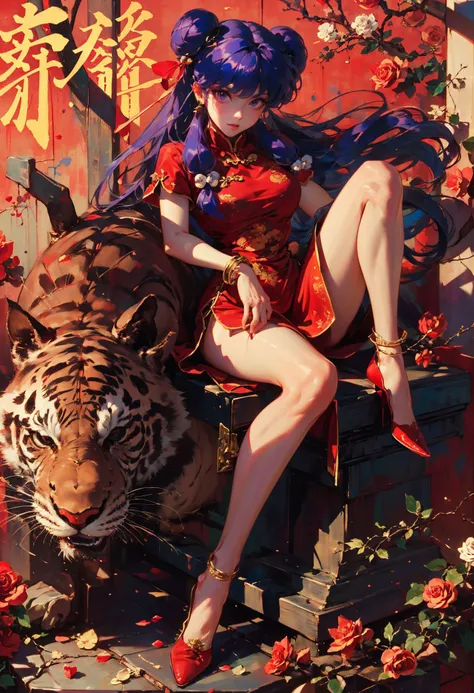 xuer Shampoo,1girl,shampoo \(ranma 1/2\),chinese clothes,purple hair,double bun,hair bun,long hair,purple eyes,red background,hair ornament,flower,solo,holding,hair bell,holding weapon,sidelocks,looking at viewer,short sleeves,holding sword,bangs,rose,sitting,bracelet,full body,eastern dragon,jewelry,breasts,shoes,over shoulder,hair bow,
purple hair,double bun,long hair,(hair bell:1.1),shampoo \(ranma 1/2\),<lora:xuer Shampoo_20240303193333:0.8>,