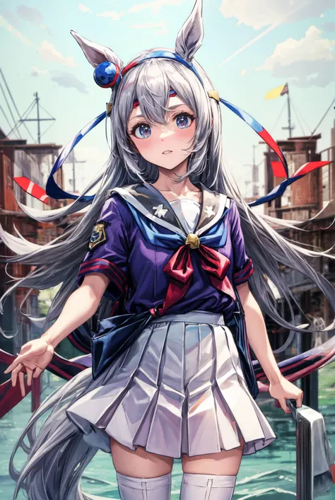 (masterpiece), best quality, <lora:more_details:0.7>, <lora:beautiful_detailed_eyes:0.3>, Tamano Cross\(umamusume\), <lora:tamamo_cross_lora:0.8>,
horse tail, tracen school uniform, sailor collar, purple bowtie, purple shirt, sailor shirt, short sleeves, pleated skirt, white skirt, white thighhighs