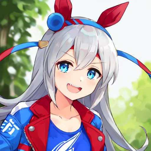 masterpiece, best quality, close up, face shot,
tamamo cross \(umamusume\),
navel, midriff, crop top, fingerless gloves, blue footwear, belt, blue jacket, white pants, white gloves, sneakers, collarbone,
standing, stage, stand microphone, laughing,
<lora:tamamo_cross_lora:0.9>