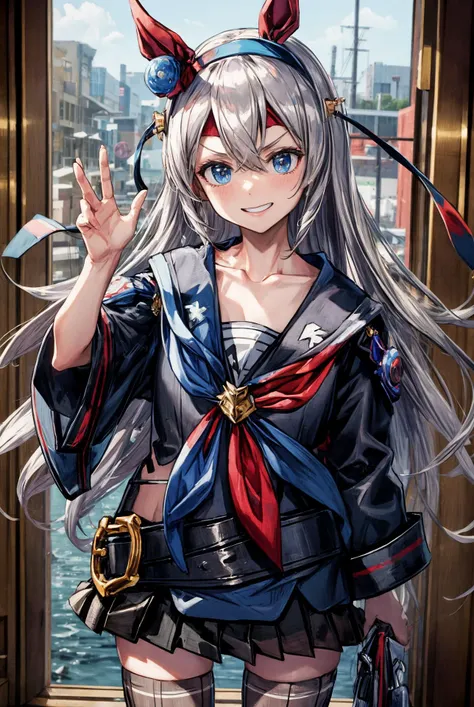 (masterpiece), best quality, <lora:more_details:0.7>, <lora:beautiful_detailed_eyes:0.3>, Tamano Cross\(umamusume\), <lora:tamamo_cross_lora:0.8>,
smile,smirk, sailor collar, neckerchief, pleated skirt, wide sleeves, black skirt, belt, collarbone, long sleeves, grey thighhighs, blue shirt, loafers