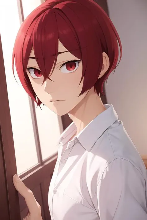 masterpiece, best quality, high quality, 1boy, solo, male focus, looking at viewer, upper body, <lora:kakeru_sengoku:0.68>, kakeru_sengoku, red eyes, red hair, hair between eyes, short hair, , pajamas