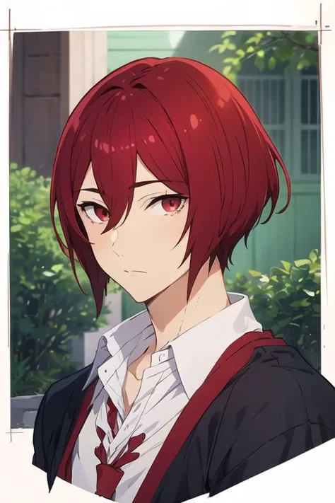 masterpiece, best quality, high quality, 1boy, solo, male focus, looking at viewer, upper body, <lora:kakeru_sengoku:0.68>, kakeru_sengoku, red eyes, red hair, hair between eyes, short hair, realistic,