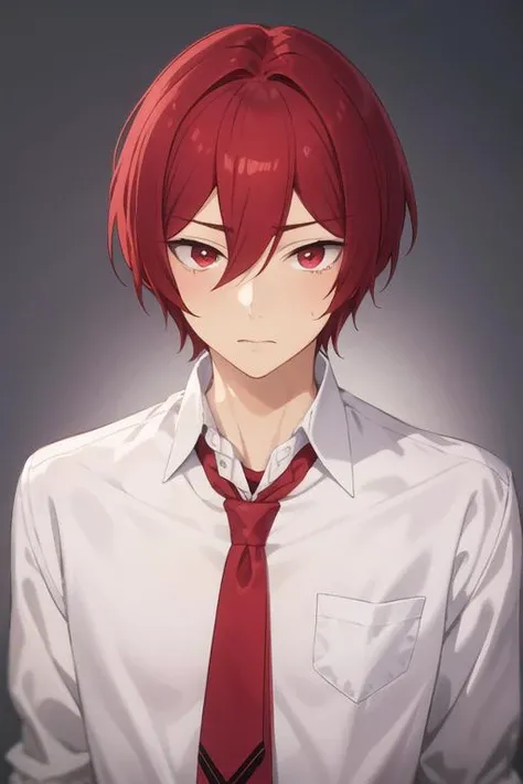masterpiece, best quality, high quality, 1boy, solo, male focus, looking at viewer, upper body, <lora:kakeru_sengoku:0.52>, kakeru_sengoku, red eyes, red hair, hair between eyes, short hair, , formal, necktie, dress shirt
