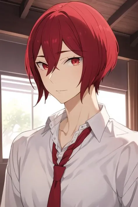 masterpiece, best quality, high quality, 1boy, solo, male focus, looking at viewer, upper body, <lora:kakeru_sengoku:0.84>, kakeru_sengoku, red eyes, red hair, hair between eyes, short hair, realistic,