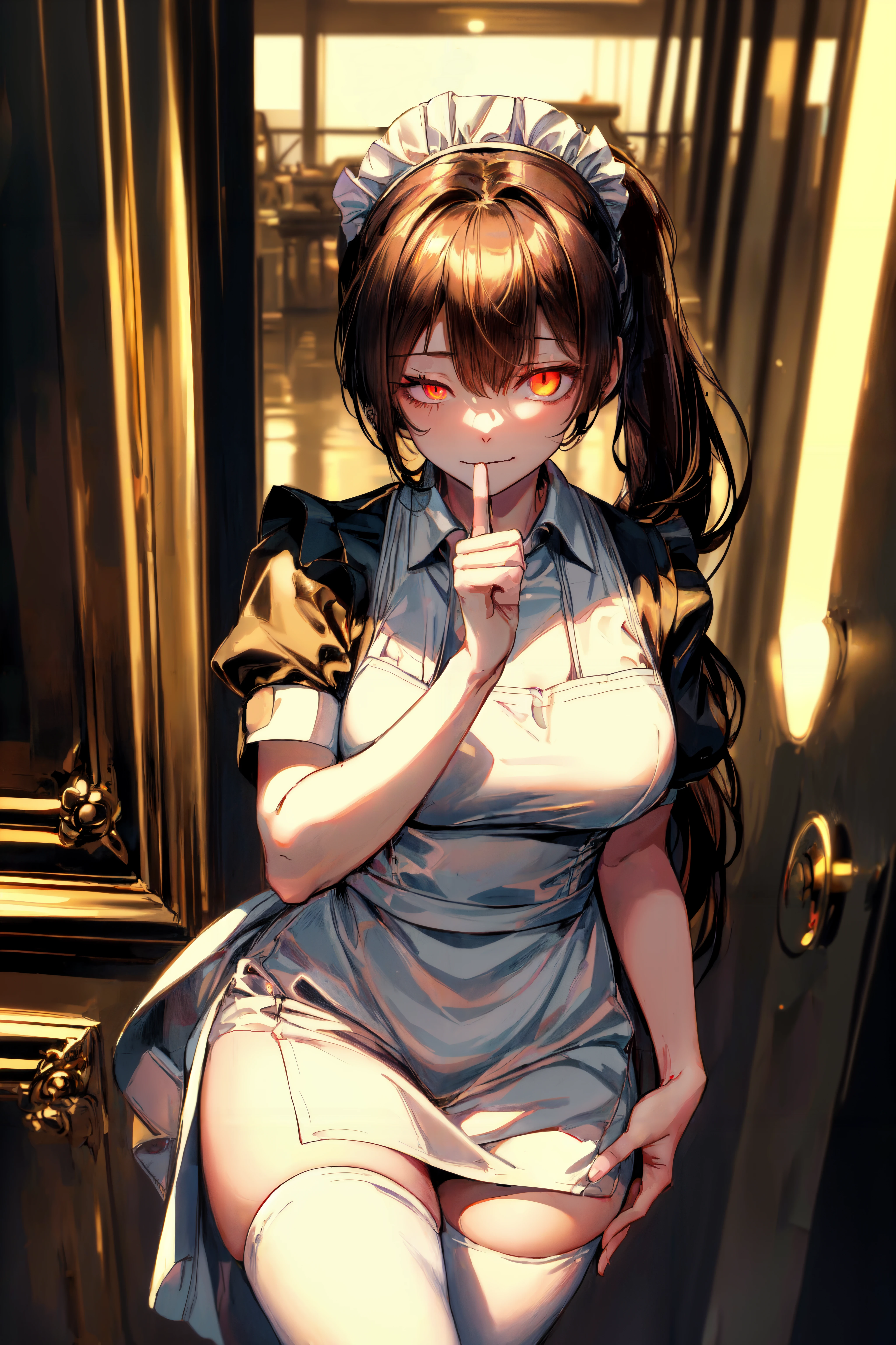 (best art,golden ratio art,master piece:1.3),
golden ratio,white theme,
white skin,1girl,(long pony tail brown hair:1.3),
ultra high res, masterpiece, best quality,
close eyes,a dimply smile,(close one eye,catcalling gesture,put her index finger on her mouth,maid suit,red glowing eye:1.4),
<lora:Carmen:0.85> <lora:add_detail:0.8> <lora:GoldenTech:0.5> <lora:cateyes_lora01:0.8> cateyes, <lora:flame_over_one_eye:0.8> flaming eye, <lora:beautiful detailed eyes:0.5>beautiful flaming red cat eye,