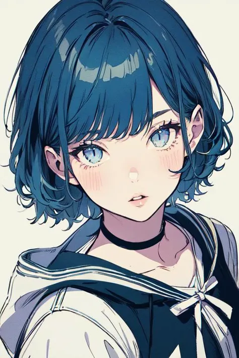 A close up of a person with blue hair and a white shirt - SeaArt AI