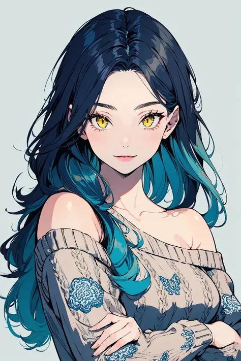 (masterpiece, top quality, best quality, official art, beautiful and aesthetic:1.2),
cateyes,1girl, solo, long hair, sweater, smile, yellow eyes, looking at viewer, blue hair, grey background, off shoulder, upper body, bare shoulders,
extreme detailed,highest detailed, optical mixing, playful patterns, lively texture, unique visual effect