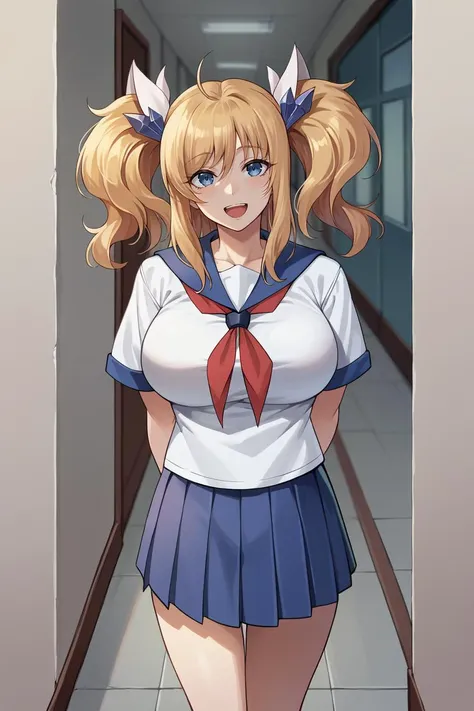 (masterpiece, best quality, ultra detailed), (detailed face, detailed eyes), (((1girl, solo)), naughty face), dutch angle, cowboy shot, breasts focus(leaning forward, bent over, hand on desk)((police uniform))BRAKE,police station, indoors, RED_Ribbon_on_HAIR_band,Blonde HAIR,hosimiya ichigo