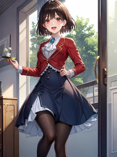(extremely detailed CG), (best quality), perfect face, shiny skin, lustrous skin,wide hips, 1girl,solo , <lora:RaeTaylor-10:0.7> RaeTaylor,blue skirt,ascot,shoes,collared shirt, bands, jewelry,black pantyhose,frils,long sleeves,school uniform, red eyes, (red jacket:1),brooch,skirt,jacket, short hair, brown hair, :D