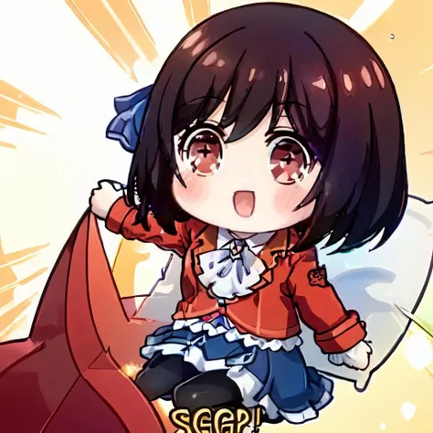 (extremely detailed CG), (best quality), perfect face, shiny skin, lustrous skin,wide hips, 1girl,solo , <lora:RaeTaylor-10:0.7> RaeTaylor,blue skirt,ascot,shoes,collared shirt, bands, jewelry,black pantyhose,frils,long sleeves,school uniform, red eyes, (red jacket:1),brooch,skirt,jacket, short hair, brown hair, :D, <lora:Segs:1> Segs,english text, chibi
