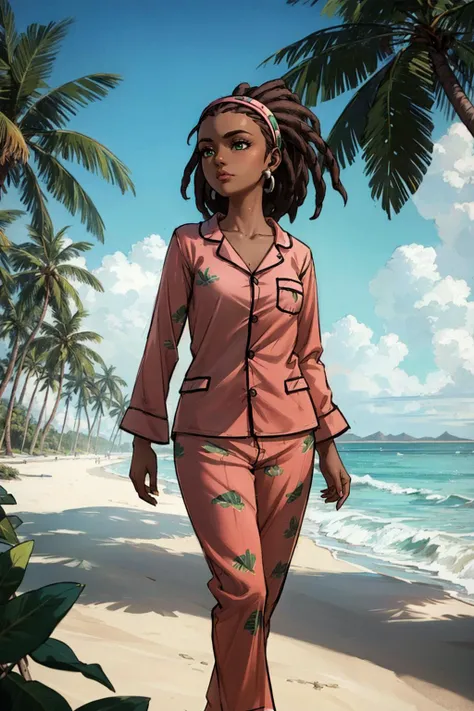 masterpiece,Walking with Purpose,  Pout, <lora:SashaTFTBv2on1.5:0.7>  sashatftb, green eyes, dark skin, 1girl, solo, jewelry, earrings, dark-skinned female, brown hair, dreadlocks, hairband,(Pajamas:1.2), Beach with Palm Trees