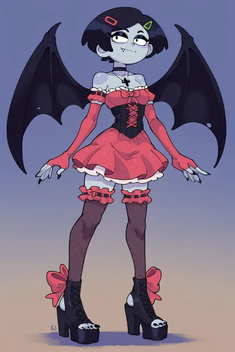 (score_9,score_8_up,score_7_up,score_6_up,),masterpiece,best quality,<lora:eigaka:1>,<lora:Marcy_WuV1:0.7>,(Marcy Wu, black hair, short hair, pink hairclip,),highres,dress,black eyes,black hair,short hair,(pale skin:1.3),(grey skin:1.3),black eyeliner,black eyeshadow,1girl,pale_skin,hair wings,bat ears,fang,long_fingernails,collarbonea,bare shoulders,small_breasts,narrow_waist,(black_wings:1.3),(bat_wings:1.4),gothic_ta,gothic,corset,bow tied at the waist,ballgown,dress_bow,stirrup_legwear,fishnets,leg_garter,bow_legwear,lace,frilled,high_heel_boots,thighhighs_under_boots,platform_footwear,high_heels,stiletto_heels,black_choker,choker,cross_necklace,gloves,long_gloves,partially_fingerless_gloves,lace-trimmed_gloves,vampire,vampire costume,black_thighhighs,medium hair,long hair,long bangs,