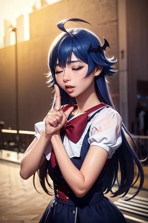 Hyperrealistic, Masterpiece, Volumetric Lighting, Subsurface Scattering, Photorealistic, anime style , upper body photograph of <lora:Irumi_Chan-08:1> volumetric lighting, best quality, intricate details, tonemapping, sharp focus, hyper detailed, absurdres, highres, 1girl, solo, ahoge:1, dark blue hair, irumi, bow, cowboy_shot, dress, heart, dynamic pose, dynamic pose heart hands, looking at viewer, one eye closed, open mouth, smile, very long hair, ,outdoors, dusk, gloomy atmosphere, gothic architecture, concert stage, dynamic pose, walking,
