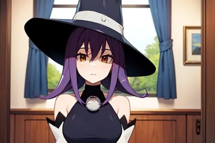 best quality, masterpiece, upper body, <lora:Blair:0.7>, blair's hat, curls, black dress, detached sleeves