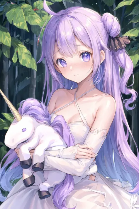 (masterpiece:1.3), (best quality:1.3), (ultra-highres:1.3), (finely detailed beautiful eyes: 1.2), 1 girl,(slim body:1.4),unicorn-azur-lane, long hair, (white dress:1.3), looking at viewer, (embarrassed:1.4) (smile:0.8), (upper body:1.3), (holding a tiny tiny Unicorn in her arms :1.4), in forest, <lora:flat2:-0.3>, <lora:unicorn_v1:0.8>