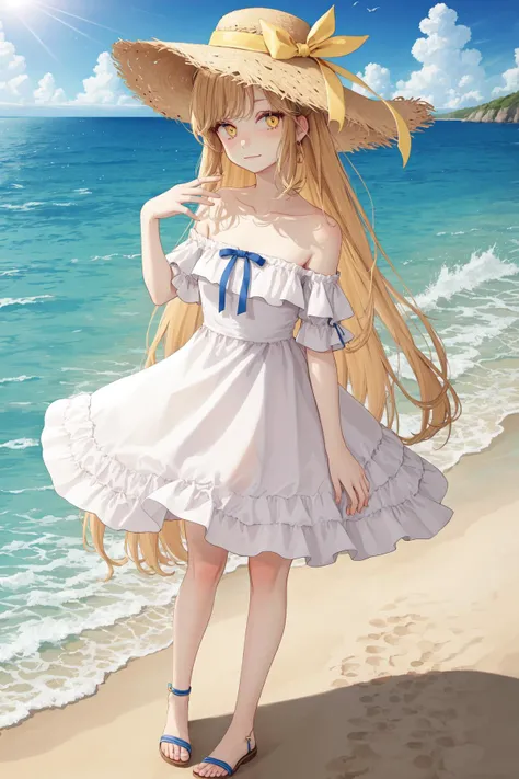 1girl,solo,dress,holding shoes,white dress,outdoors,white headwear,cloud,sun hat,sandals,bow,day,very long hair,short sleeves,looking at viewer,blue sky,bangs,bare shoulders,blonde hair,hat bow,standing,ocean,blue bow,yellow eyes,collarbone,off shoulder,puffy short sleeves,off-shoulder dress,closed mouth,hand up,beach,<lora:style_akakura_v3-000004:1>,