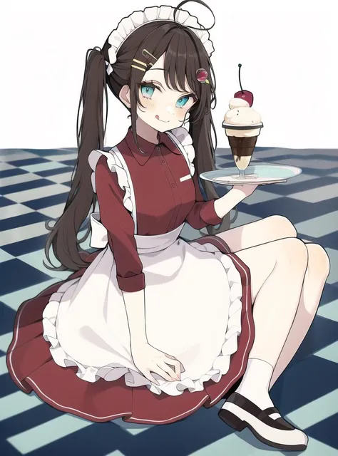 1girl,solo,maid headdress,twintails,brown hair,long hair,curly hair,hair ornament,red shirt,white apron,food,ice cream,cup,parfait,fruit,cherry,sitting,short sleeves,mary janes,bangs,smile,hairclip,checkered floor,looking at viewer,maid,maid apron,white socks,frilled apron,aqua eyes,full body,ahoge,holding spoon,holding tray,frilled dress,collared dress,licking lips,waist apron,<lora:style_akakura_v3-000004:1>,