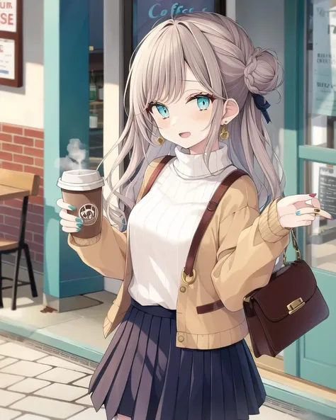 1girl,solo,skirt,long hair,holding cup,outdoors,street,cafe,looking at viewer,blush,bangs,handbag,cafe,table,jewelry,earrings,disposable cup,long sleeves,tree,jacket,turtleneck sweater,pleated skirt,grey hair,shoulder bag,hair bun,cowboy shot,steam,white sweater,open clothes,coffee cup,black skirt,open mouth,aqua eyes,blue nail,day,standing,hands up,ribbon,brown jacket,<lora:style_akakura_v3-000004:1>,