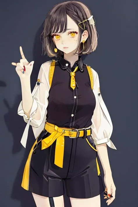 (masterpiece, best quality), 1girl, Lemon yellow Short Messy Hair with Tapered Sides, Size G breasts, Cobalt Collared button-up blouse with a tied bow detail. and High-waisted leather pants, garter belt, Standing with one arm raised, pointing in the distance, <lora:style_akakura_v1.1:1>