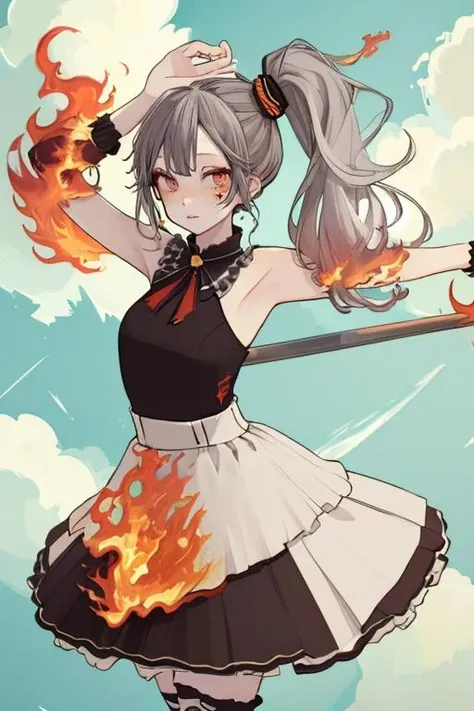 (masterpiece, best quality), 1girl, Fiery Orange Twisted Side Ponytail, Size B breasts, Lilac Gray Metallic top and Tiered ruffle maxi skirt with a flowy silhouette, kneehighs, Standing with arms stretched upwards, reaching for the sky., <lora:style_akakura_v1.1:1>