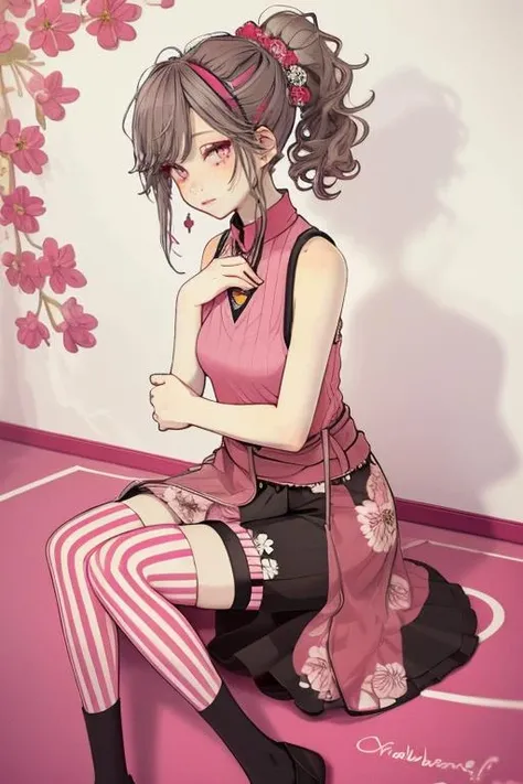 (masterpiece, best quality), 1girl, Dusty Rose Mohawk Ponytail, Size E breasts, Cranberry Ribbed tank top and Wrap-front satin midi skirt with a floral print, thighband pantyhose, Sitting on the ground, hugging knees to the chest, <lora:style_akakura_v1.1:1>