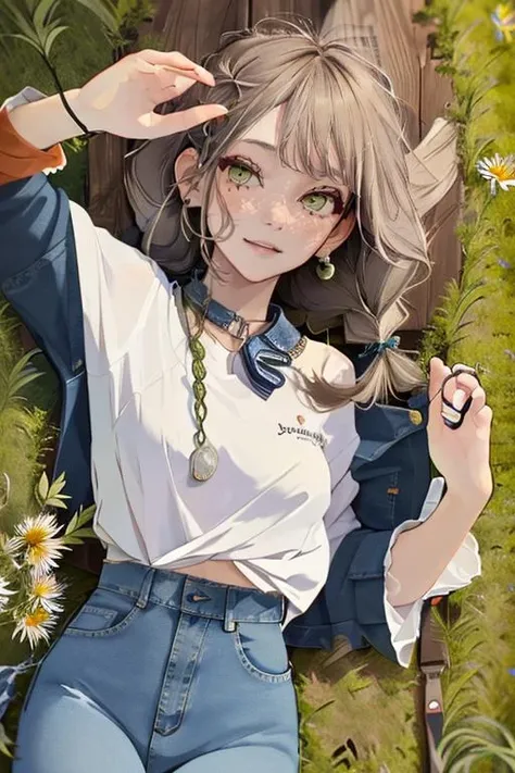 (masterpiece, best quality), 1girl, Rose Dutch Braids, medium breasts, Moss green Asymmetrical top and Denim flared jeans with a vintage wash, tabi, Lying on a grassy meadow, making a daisy chain, with a bright and playful expression., <lora:style_akakura_v1.1:1>