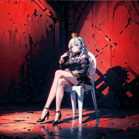 absurdres, best quality, <lora:Chair:0.8>, (motivatedchair:1), palace, 1girl, crossed legs, sitting, jewelry, indoors, red background, crown, plastic chair,