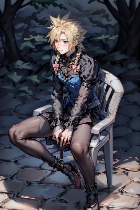 masterpiece, best quality, cloud strife, crossdressing, twin braids, male focus, frilled dress, hair bow, male focus, sitting, on chair, motivatedchair, blushing, garden <lora:Chair-000034:0.9> <lora:cloudstrife-nvwls-v1-final:0.9>