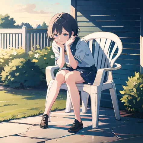 best quality, highly detailed, detailed background,<lora:motivatedchair:0.8>, motivatedchair, 1girl, girl, short hair, bored, tired, sitting on chair, backyard, outside, house, porch