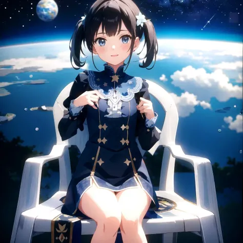 best quality, highly detailed, detailed background,<lora:motivatedchair:1>, motivatedchair, 1girl, girl, dress, sitting on chair, space, stars, planet, wildlife